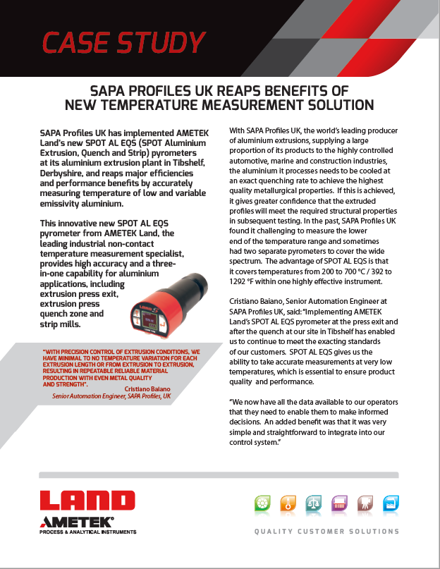 SAPA Profiles UK Reaps Benefits of New Temperature Measurement Solution